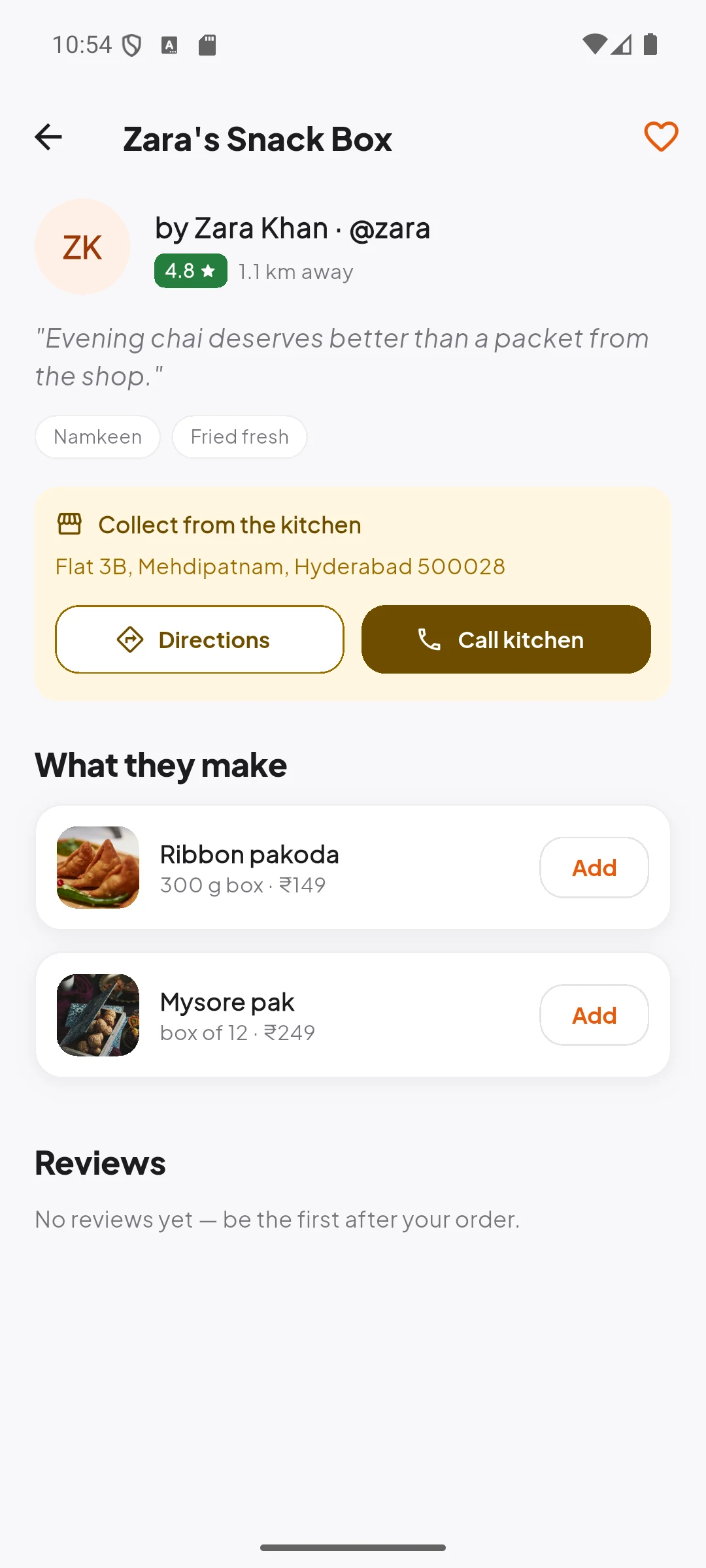 A CraveLink kitchen page with the collect-from-the-kitchen panel and the maker's product list.